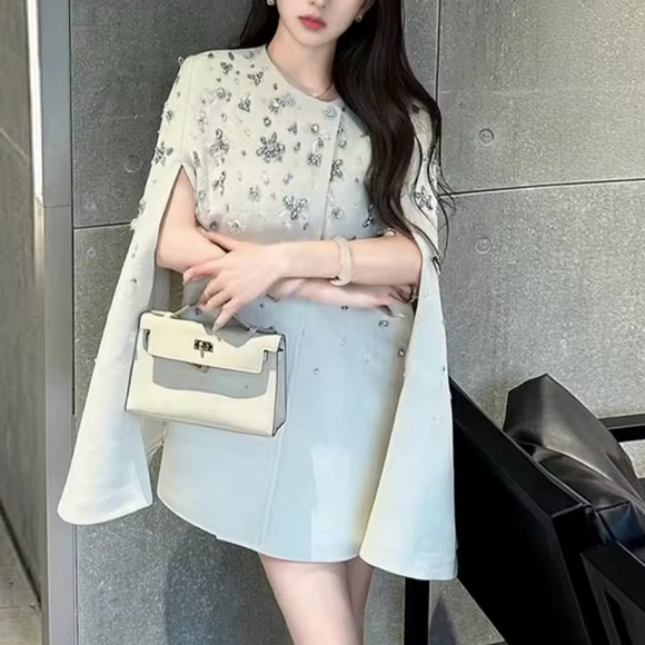 Diamonds Temperament Coats For Women Round Neck Cloak Sleeve Spliced Button Loos - Picture 3 of 6